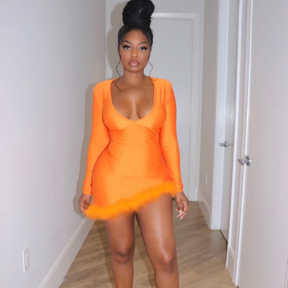 Orange mini dress feather trimmed